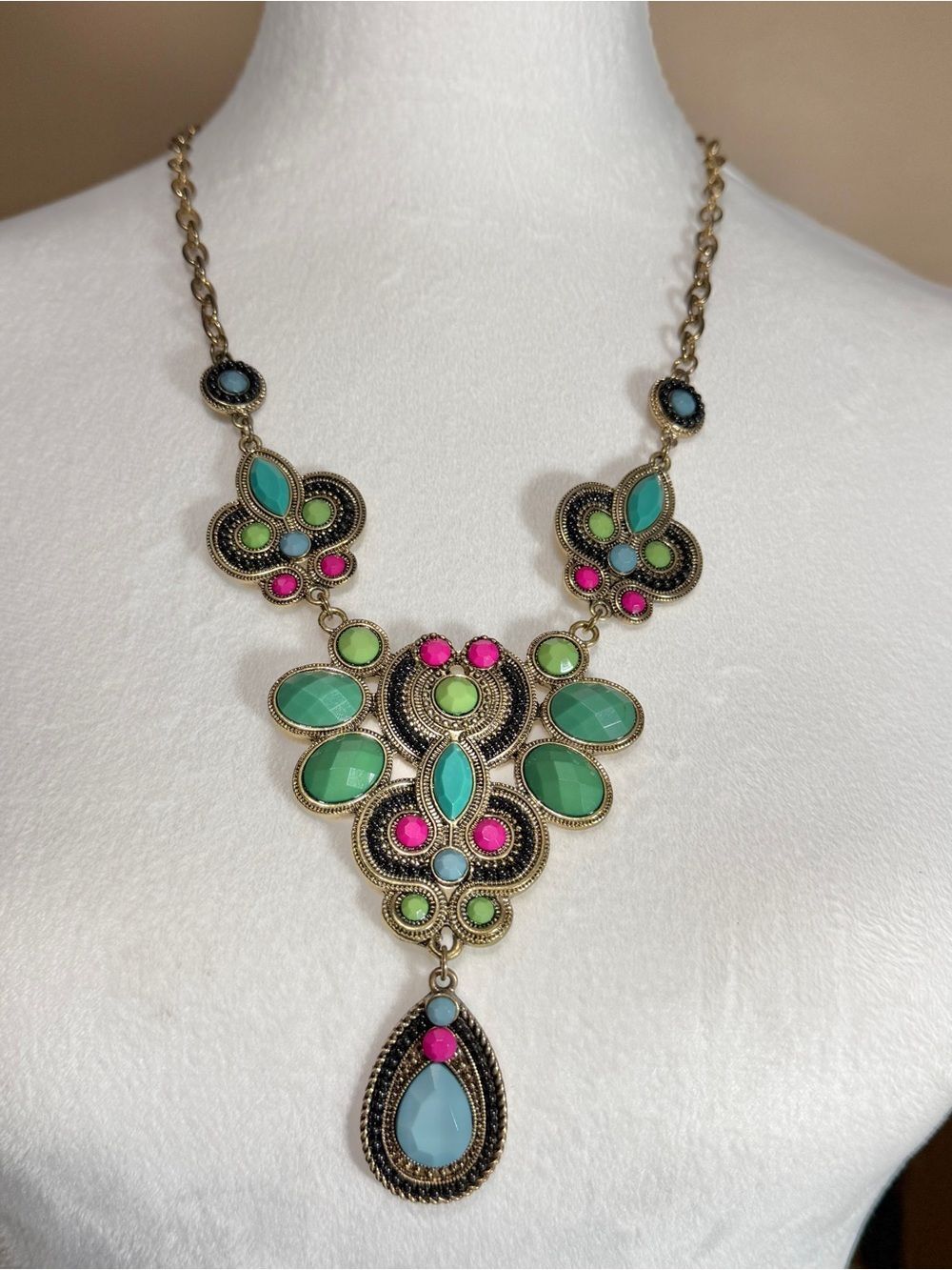 Topshop Boho Statement Necklace Colorful Teal Pink Green Gold Tone